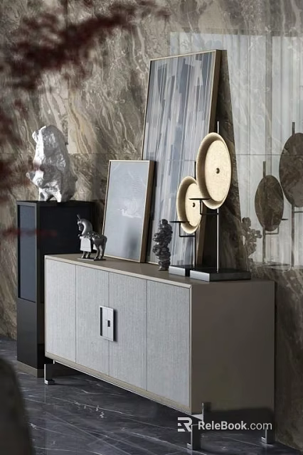 Elegant Entryway Cabinet And Sideboard With Decorative Sculptures Framed Art And Circular Plates 3d model 