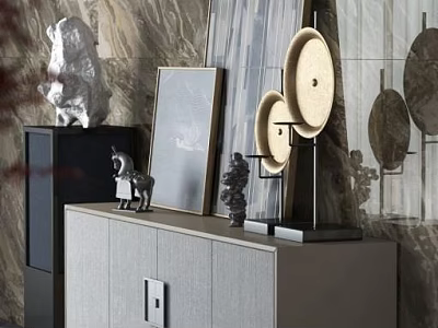 Elegant Entryway Cabinet And Sideboard With Decorative Sculptures Framed Art And Circular Plates 3d model
