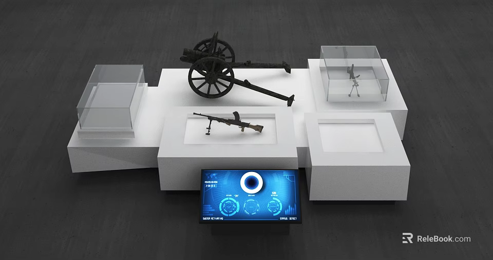 Exhibition Display Shelves With Transparent Cases Holding Cannon Rifle And Digital Screen 3d model 