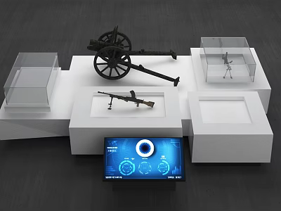 Exhibition Display Shelves With Transparent Cases Holding Cannon Rifle And Digital Screen 3d model