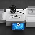 Exhibition Display Shelves With Transparent Cases Holding Cannon Rifle And Digital Screen