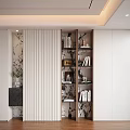 Modern Interior Decorative Cabinet With Slatted Panel Patterned Wall And Wooden Shelves