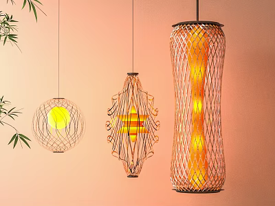 Three Unique Woven Pendant Lights With Natural Bamboo Accents And Warm Lighting 3d model