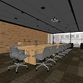 Modern Conference Room Interior Featuring Long Table Gray Chairs Brick Wall And Large Windows