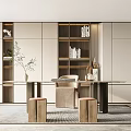 Modern Study Desk and Chair Combination Bookcase End View Table Chandelier Wall Decoration Carpet Curtain 3d model
