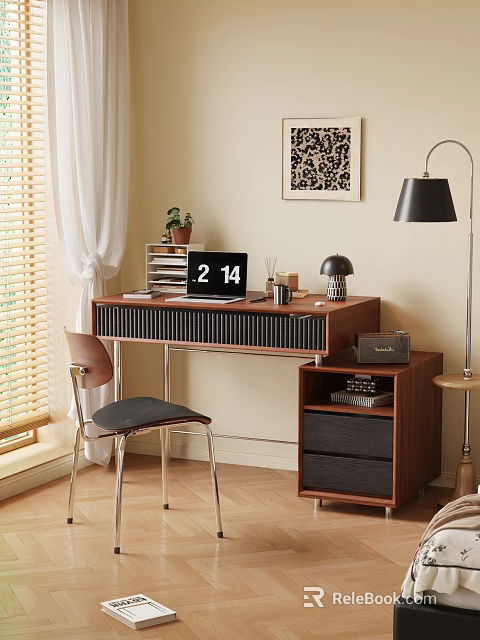 Wooden Desk With Laptop Small Plant Black Lamp Wooden Chair And Wall Art Near Window 3d model 