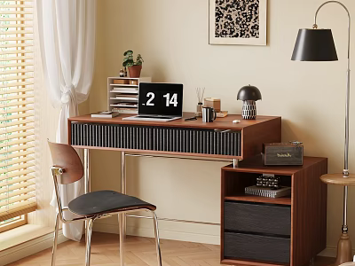 Wooden Desk With Laptop Small Plant Black Lamp Wooden Chair And Wall Art Near Window 3d model