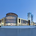 Modern Commercial Complex With Glass Curtain Walls Unique Dome And Open Plaza Area