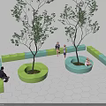 Modern Circular Public Seats With Trees And People On Hexagonal Floor 3d model