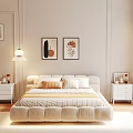 Upholstered Double Bed with Beige Brown Pillows Yellow Blanket Decorative Paintings Nightstand and Window Curtains