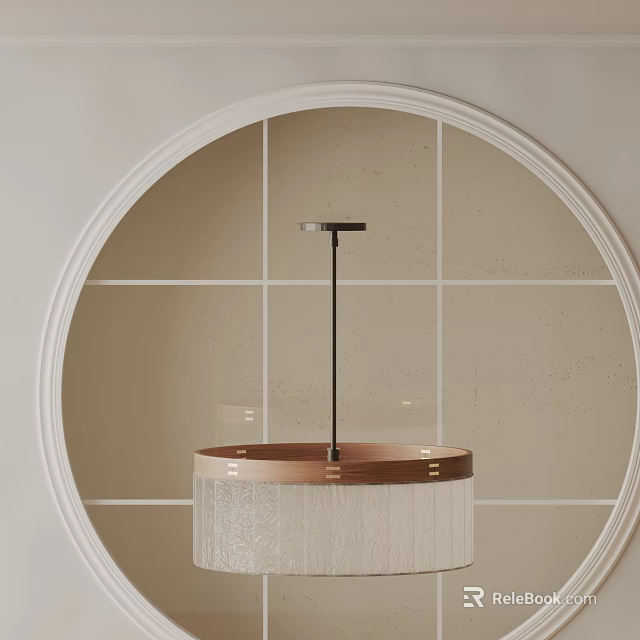 Modern Chandelier with Wooden Frame and Transparent Shade Round White-Framed Mirror on Beige Tiled Wall 3d model 