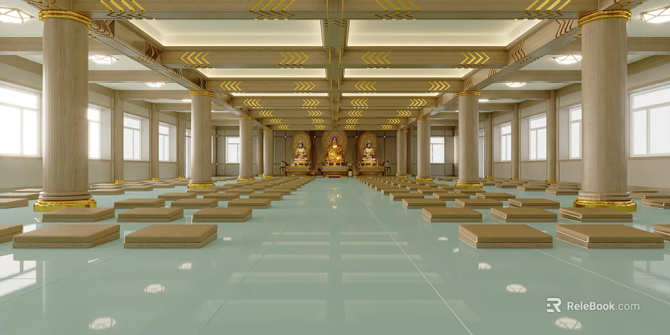 Religious Temple Hall Interior with Buddha Statue Arranged Prayer Mats Decorative Ceiling Columns and Windows 3d model 