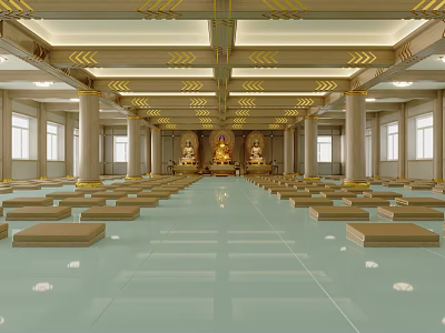 Religious Temple Hall Interior with Buddha Statue Arranged Prayer Mats Decorative Ceiling Columns and Windows 3d model