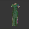 Green Traditional Cheongsam with Gold Trim Collar Cuffs and Waistband Long Elegant Chinese Dress