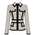 Stylish Beige Coat With Black Trim Decorative Buttons Pockets And Long Sleeves