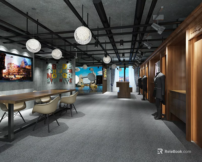 Stylish Clothing Store Interior With Mannequins Decorative Paintings Pendant Lights And Seating Area 3d model 