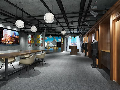 Stylish Clothing Store Interior With Mannequins Decorative Paintings Pendant Lights And Seating Area 3d model
