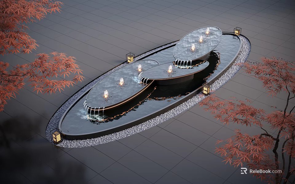 Oval Water Fountain With Gentle Flowing Water Decorative Lighting Red Maple Leaves And Pebble Edges 3d model 