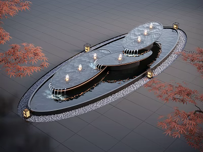 Oval Water Fountain With Gentle Flowing Water Decorative Lighting Red Maple Leaves And Pebble Edges 3d model