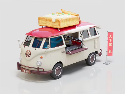 Functional Classic Volkswagen Van With Cake On Roof And Open Side For Mobile Service 3d model