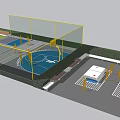 Outdoor Sports Area With Basketball Court Ping Pong Tables Green Lawn And Trees