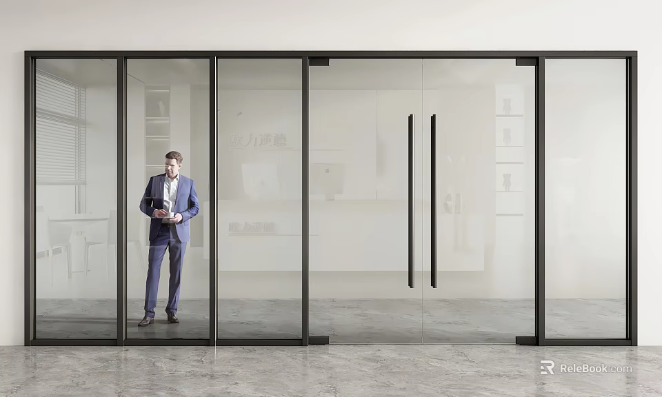Modern Glass Double Doors With Black Frame In Contemporary Interior Design 3d model 