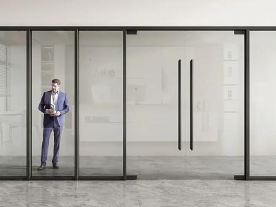 Modern Glass Double Doors With Black Frame In Contemporary Interior Design 3d model