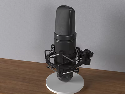 Professional Condenser Microphone with Shock Mount on White Base Wooden Table Against Grey Wall 3d model