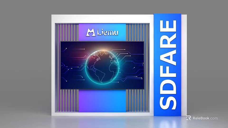 Modern Display Shelf With Tech Screen Globe Graphic Menu Logo And SDWARE Text 3d model 