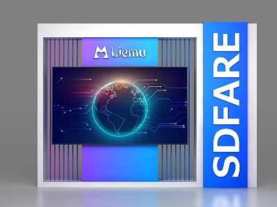 Modern Display Shelf With Tech Screen Globe Graphic Menu Logo And SDWARE Text 3d model