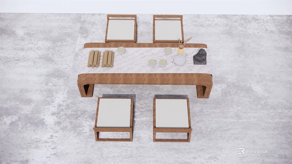 Minimalist Wooden Tea Table and Chairs with Tea Cups Tray and Coasters 3d model 