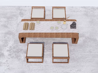 Minimalist Wooden Tea Table and Chairs with Tea Cups Tray and Coasters 3d model