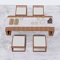 Minimalist Wooden Tea Table and Chairs with Tea Cups Tray and Coasters