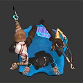 Three Fantasy Characters With Weapons Standing On Blue Platform And Central Blue Ring Figure
