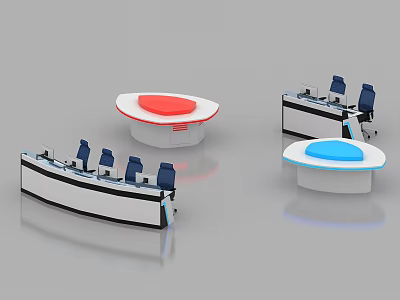 Control Room Console Desks With Red And Blue Countertops And Ergonomic Chairs 3d model