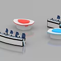 Control Room Console Desks With Red And Blue Countertops And Ergonomic Chairs
