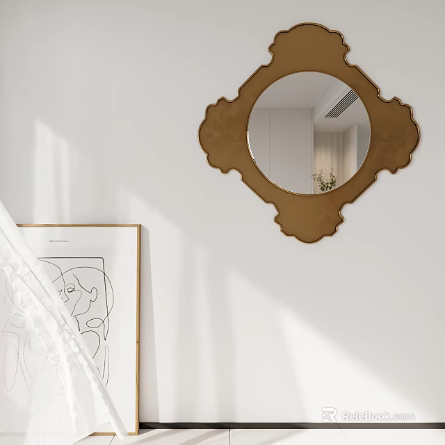 Decorative Gold Frame Mirror on White Wall with Modern Artwork and Light Shadows 3d model 