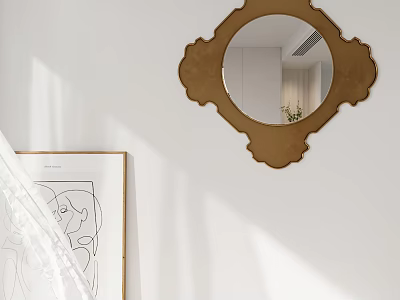 Decorative Gold Frame Mirror on White Wall with Modern Artwork and Light Shadows 3d model