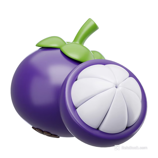 Whole And Halved Purple Mangosteen Fruit With White Pulp And Green Leaves 3d model 