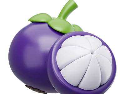 Whole And Halved Purple Mangosteen Fruit With White Pulp And Green Leaves 3d model
