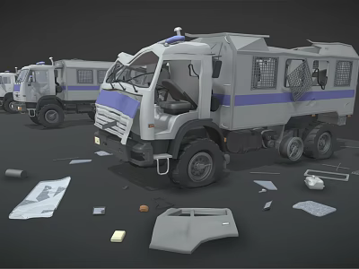 Tactical Police Armored Truck With Scattered Parts In Workshop Scene 3d model