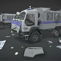 Tactical Police Armored Truck With Scattered Parts In Workshop Scene