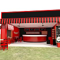 Commercial Equipment Red Kiosk With Striped Awning Counter Shelves Tables And Chairs For Outdoor Use