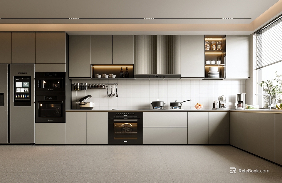 Sleek Modern Kitchen Interior With Gray Cabinets Appliances And Hanging Cookware 3d model 