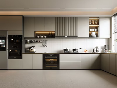 Sleek Modern Kitchen Interior With Gray Cabinets Appliances And Hanging Cookware 3d model
