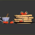 Delicious Stacked Waffles Topped With Fresh Strawberries and Chocolate Sauce On Blue White Patterned Plate