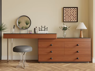 Wooden Dressing Table with Drawers Round Mirror Gray Stool Table Lamp and Decorative Painting 3d model
