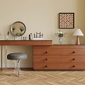 Wooden Dressing Table with Drawers Round Mirror Gray Stool Table Lamp and Decorative Painting