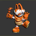 Smiling Orange Cartoon Game And Movie Character In Striped Outfit Holding Fork Like Tool