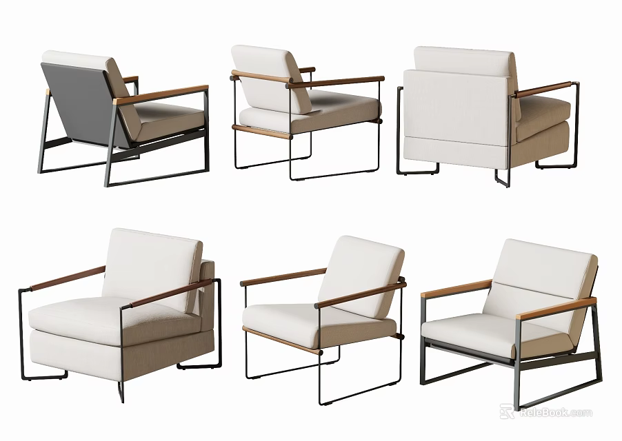 Modern Leisure Accent Chairs With Wooden Armrests And Metal Frames Light Colored Cushions 3d model 